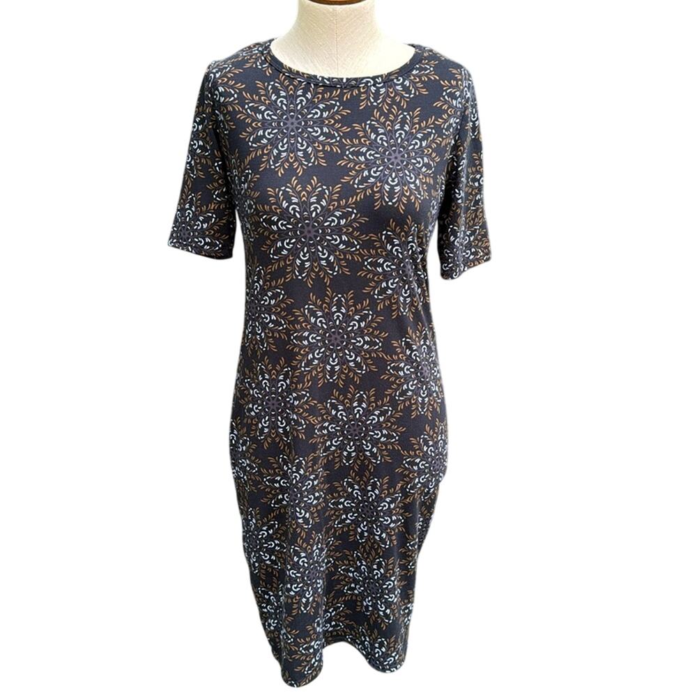 LuLaRoe Julia Women’s Small Black Brown Flowery Snowflake Bodycon T-Shirt Dress